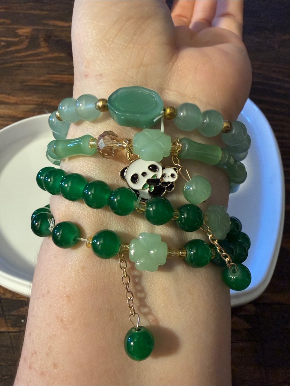 4 Stretch Green Beaded Stackable Women's Bracelet Set with Panda Charm
